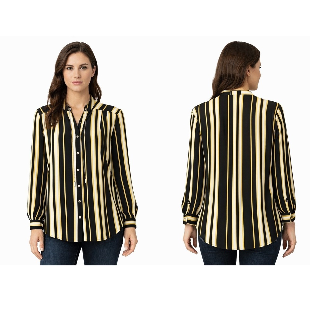 NY Collection Womens Striped Long Sleeve Blouse Black Yellow Chain Accent size L - Picture 3 of 5
